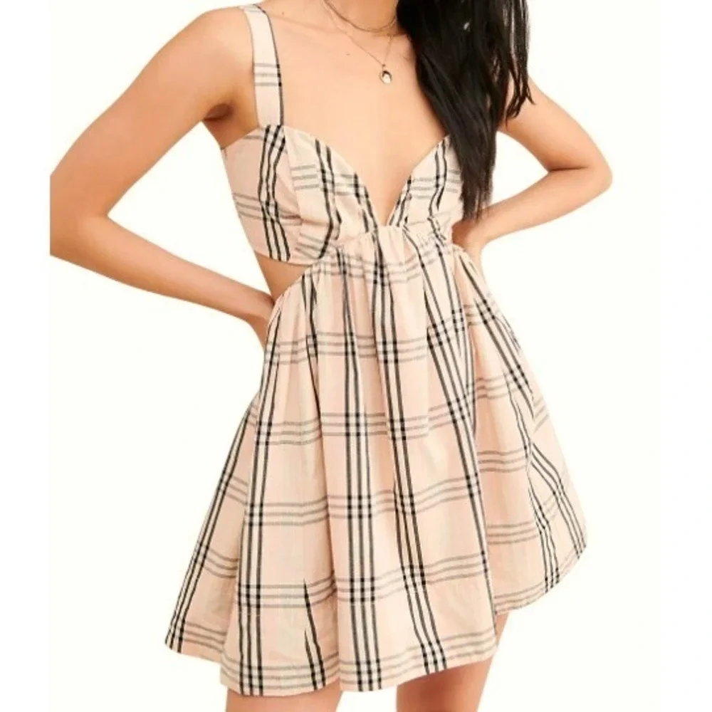 FREE PEOPLE Women Large Peach Pink Black Plaid Cutout Bridget Mini Dress Pockets